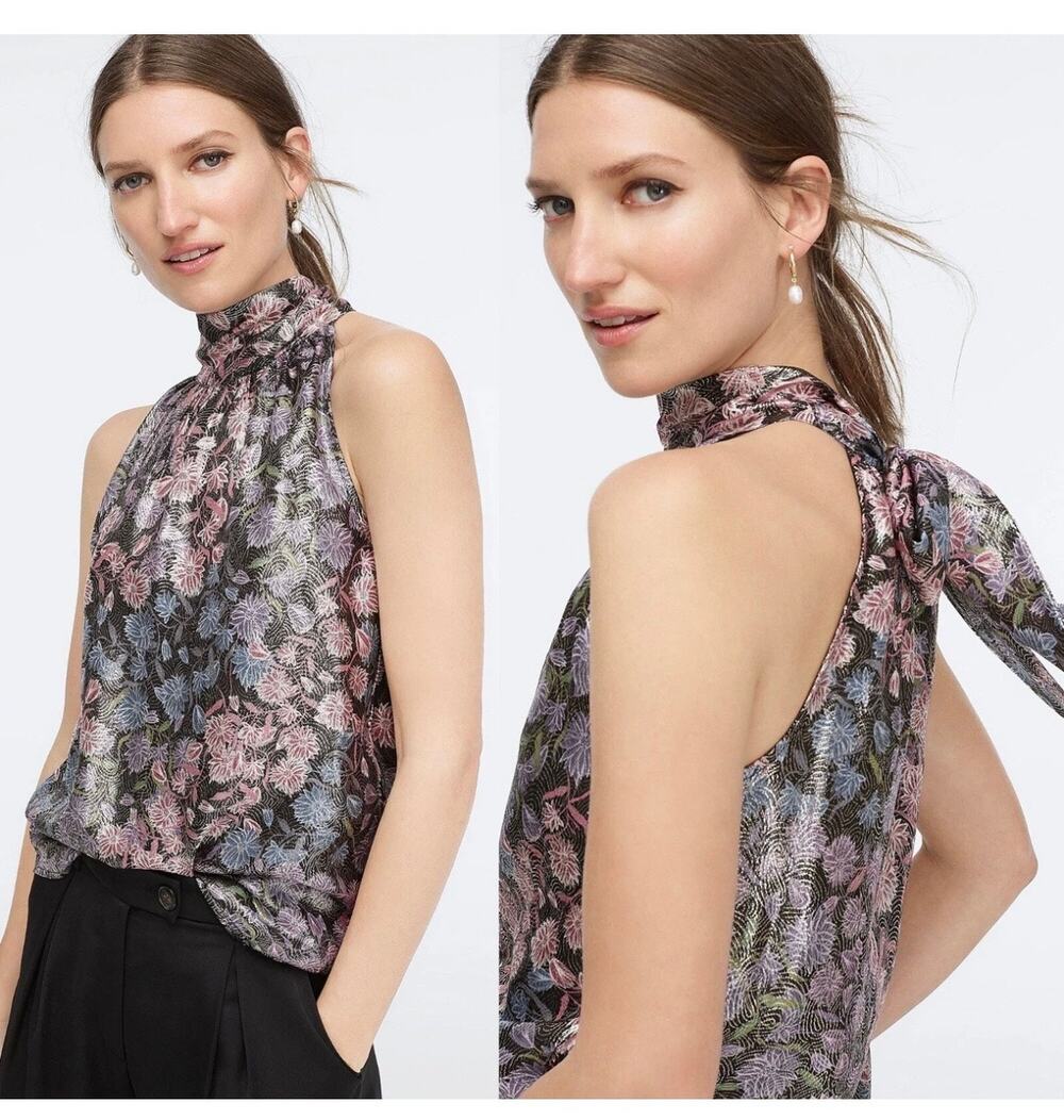 J. Crew Collection Tie-Neck Top Shimmering Floral Jacquard Size Small Metallic